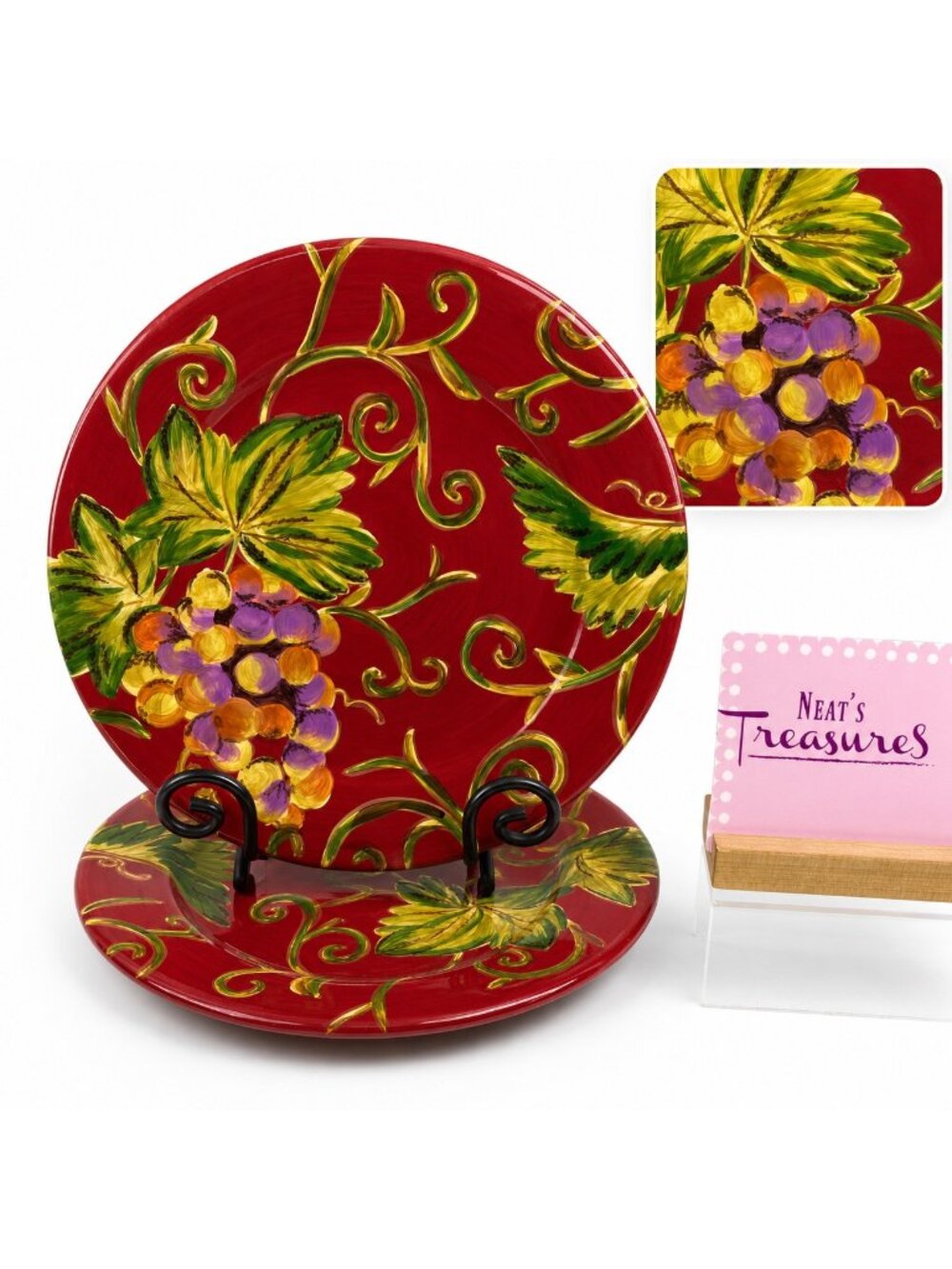 Tabletops AVELLINO CABERNET Hand Painted Red Earthenware Dinner Plates Set 2 NEW
